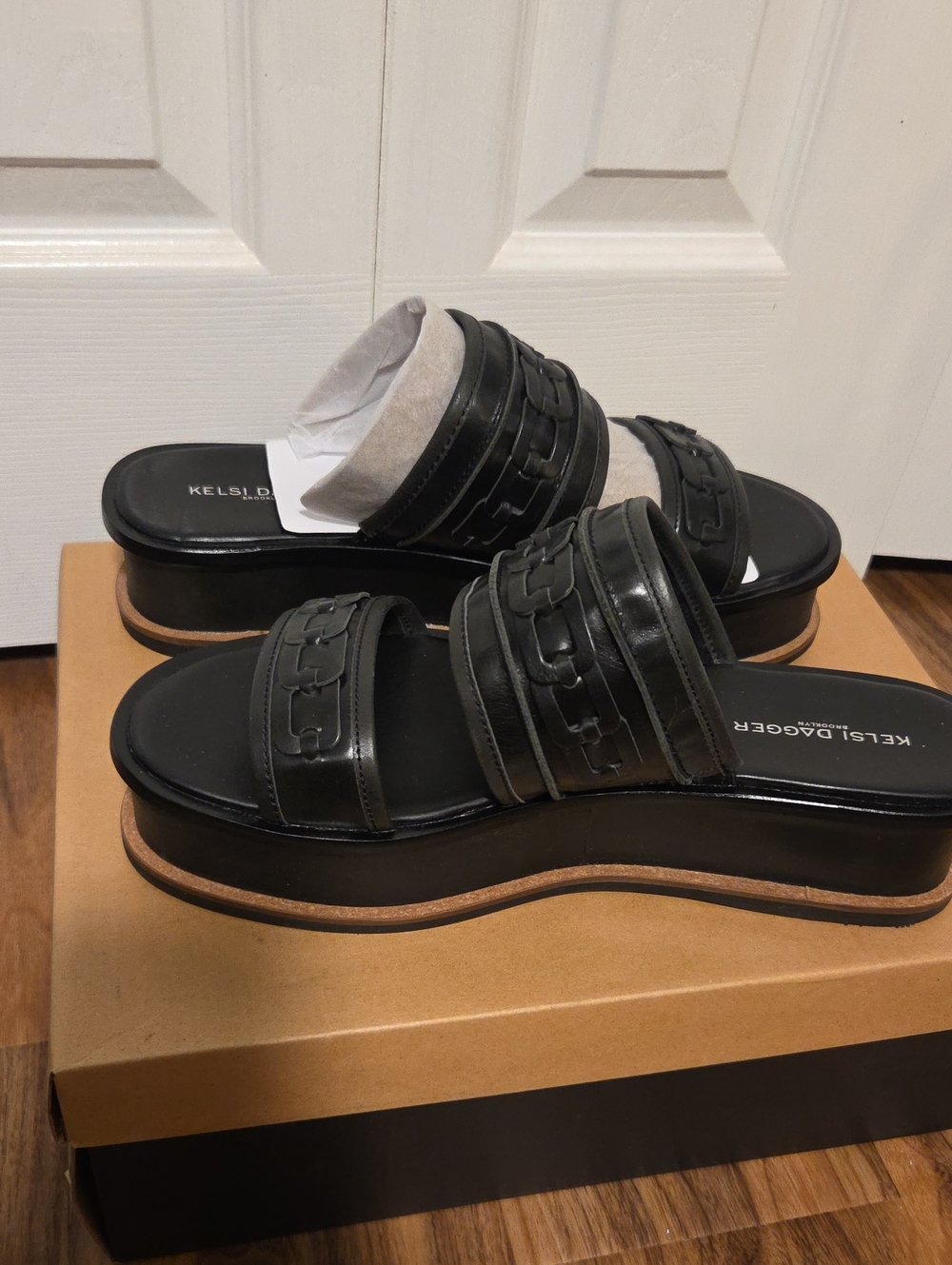 Kelsi Dagger Black Leather Platform Slide Sandals with Layered Straps